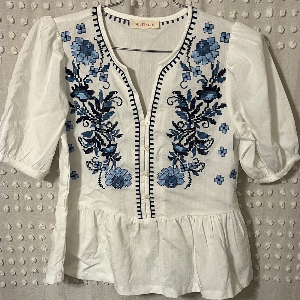 SOLITAIRE White Blouse with Blue Floral Embroidery